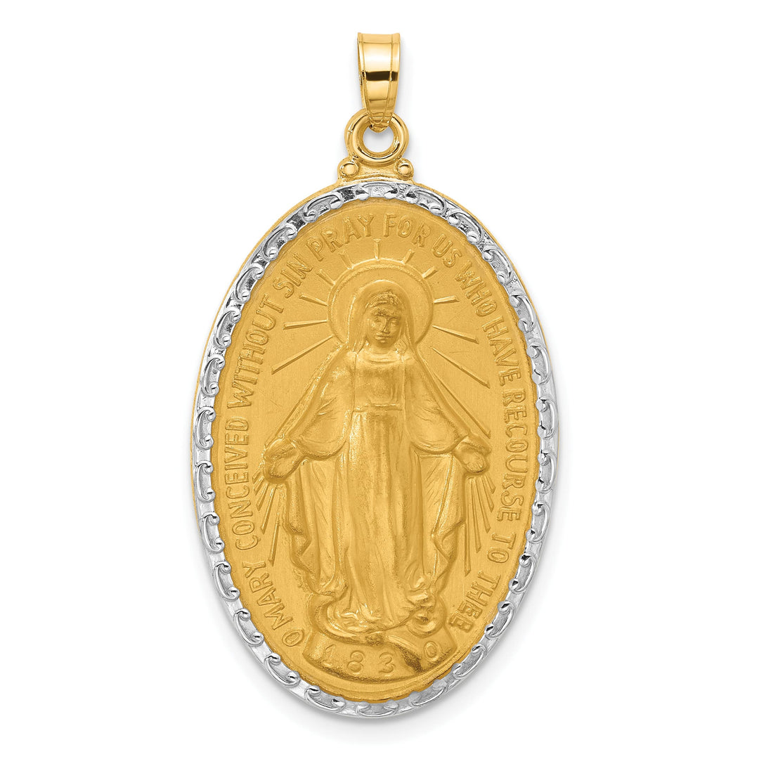 14K Yellow Gold Polished Satin Solid Miraculous Medal Oval Pendant