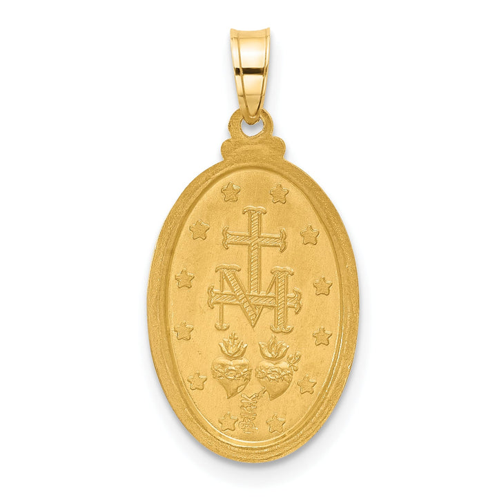 14K Yellow Gold Polished Satin Solid Miraculous Medal Oval Pendant