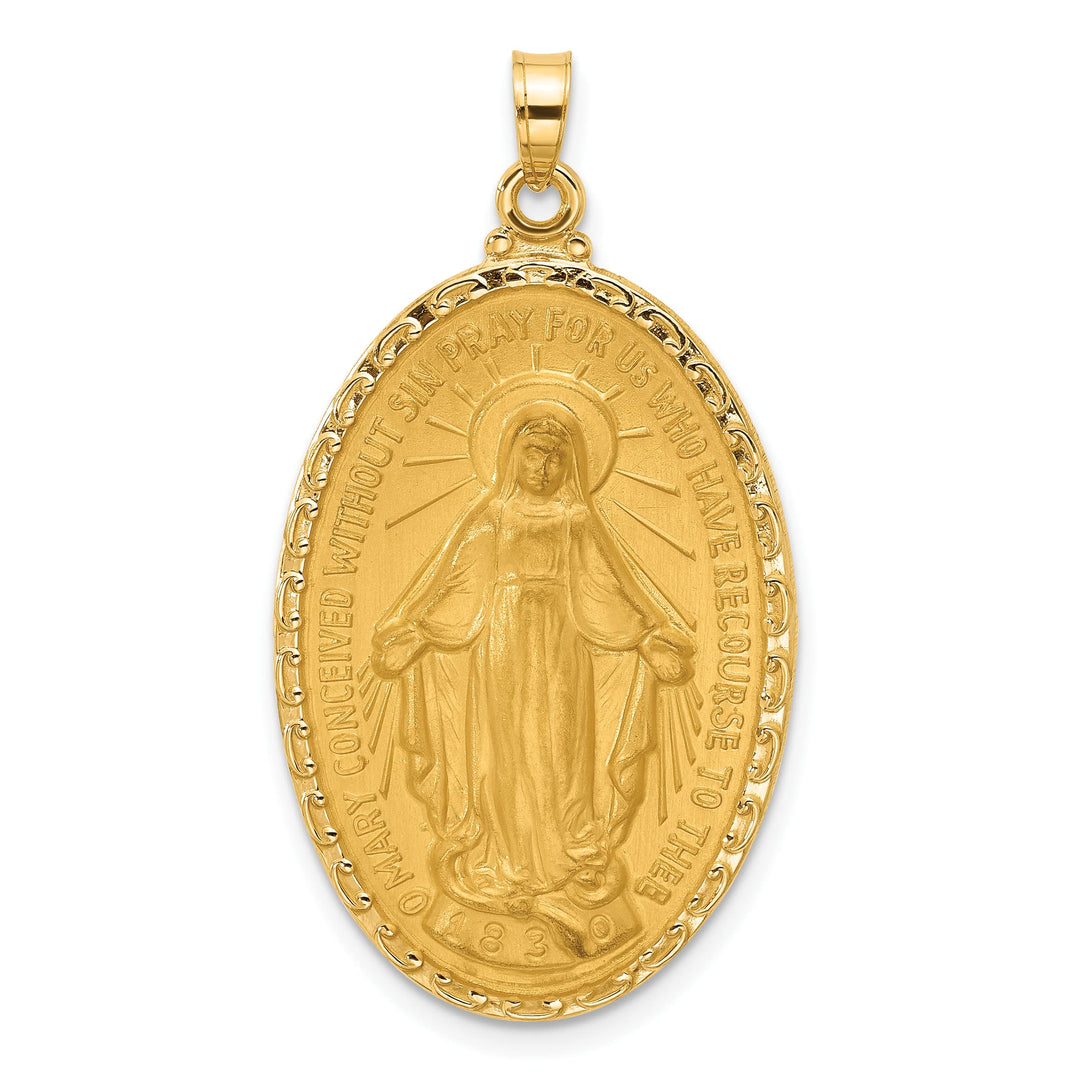 14K Yellow Gold Polished Satin Solid Miraculous Medal Oval Pendant