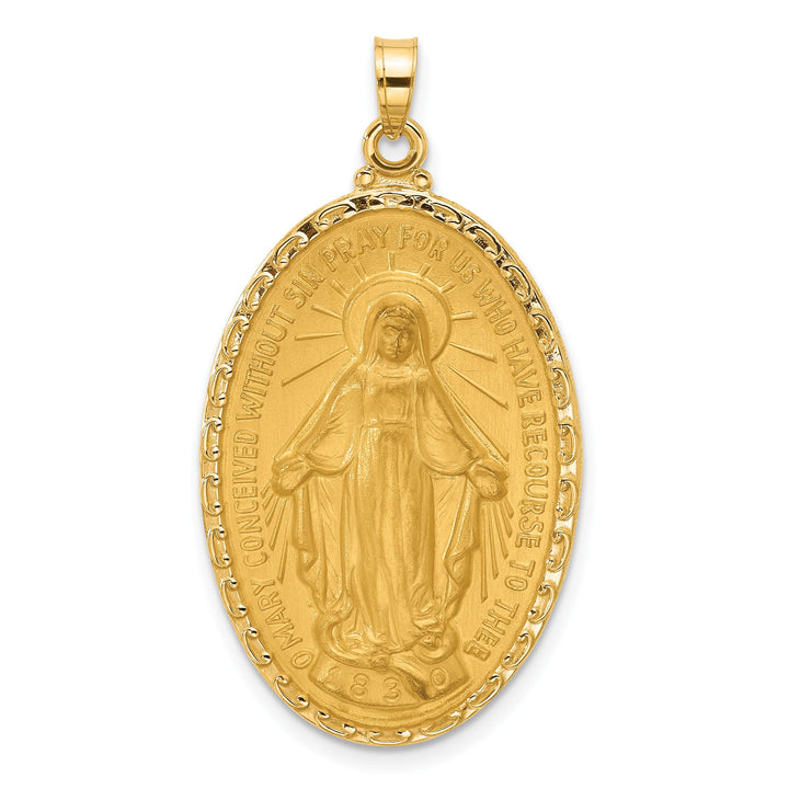 14K Yellow Gold Polished Satin Solid Miraculous Medal Oval Pendant