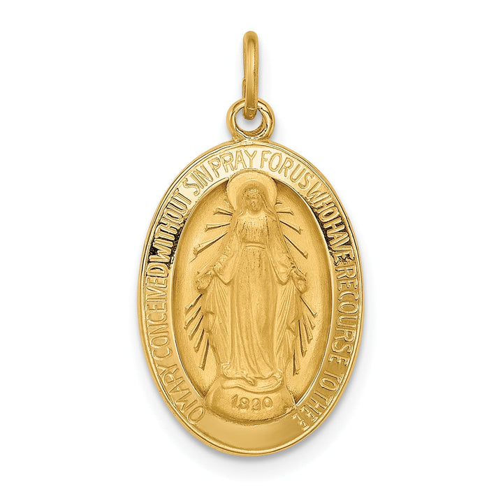 14K Yellow Gold Polished Satin Solid Miraculous Medal Oval Pendant
