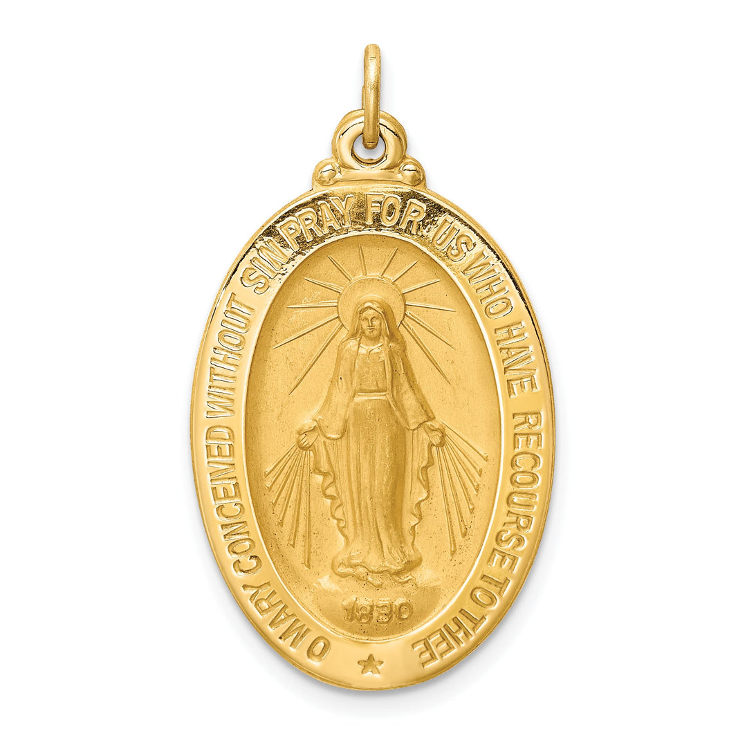 14K Yellow Gold Polished Satin Solid Miraculous Medal Oval Pendant