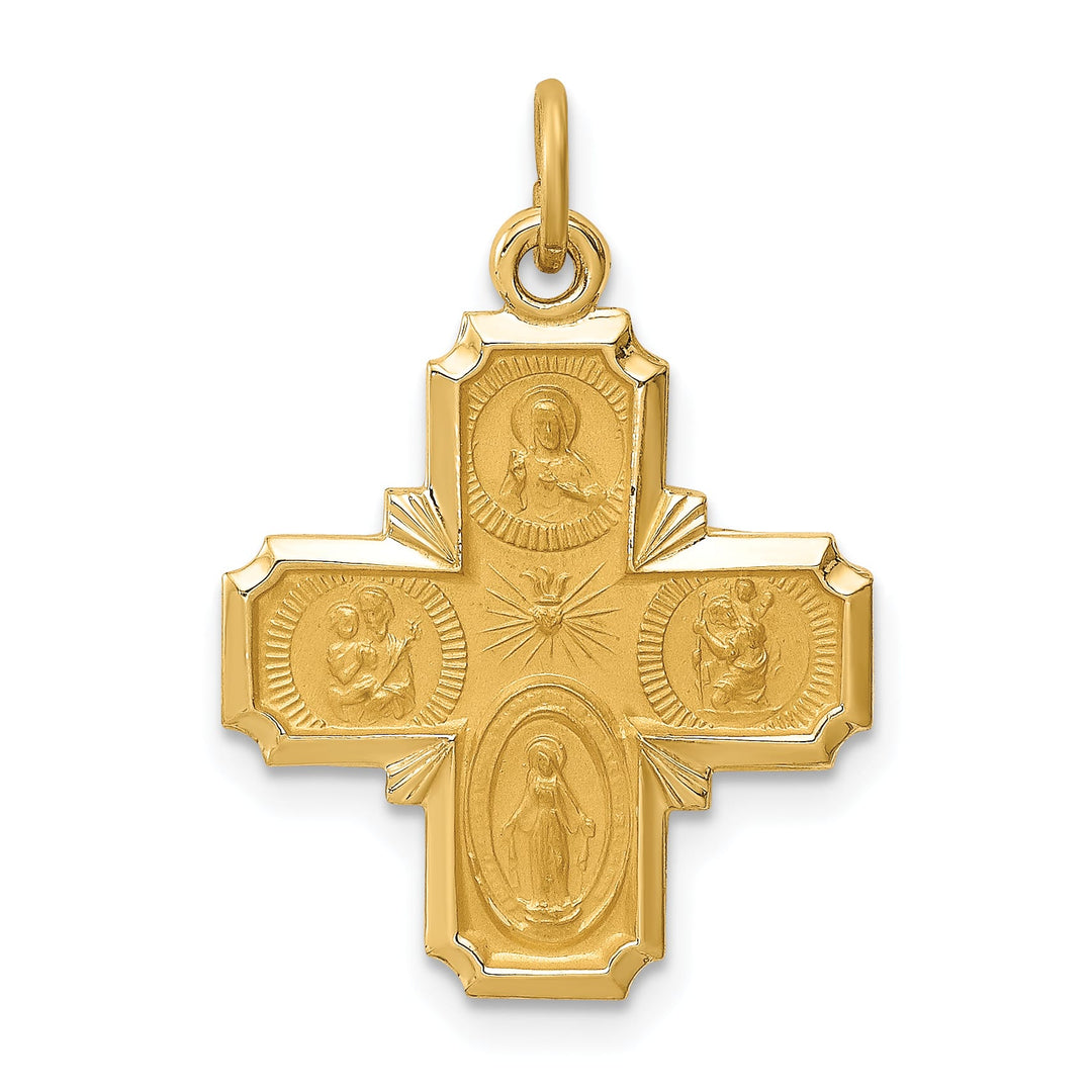 14K Yellow Gold Polished Satin Solid Small 4-Way Medal Pendant