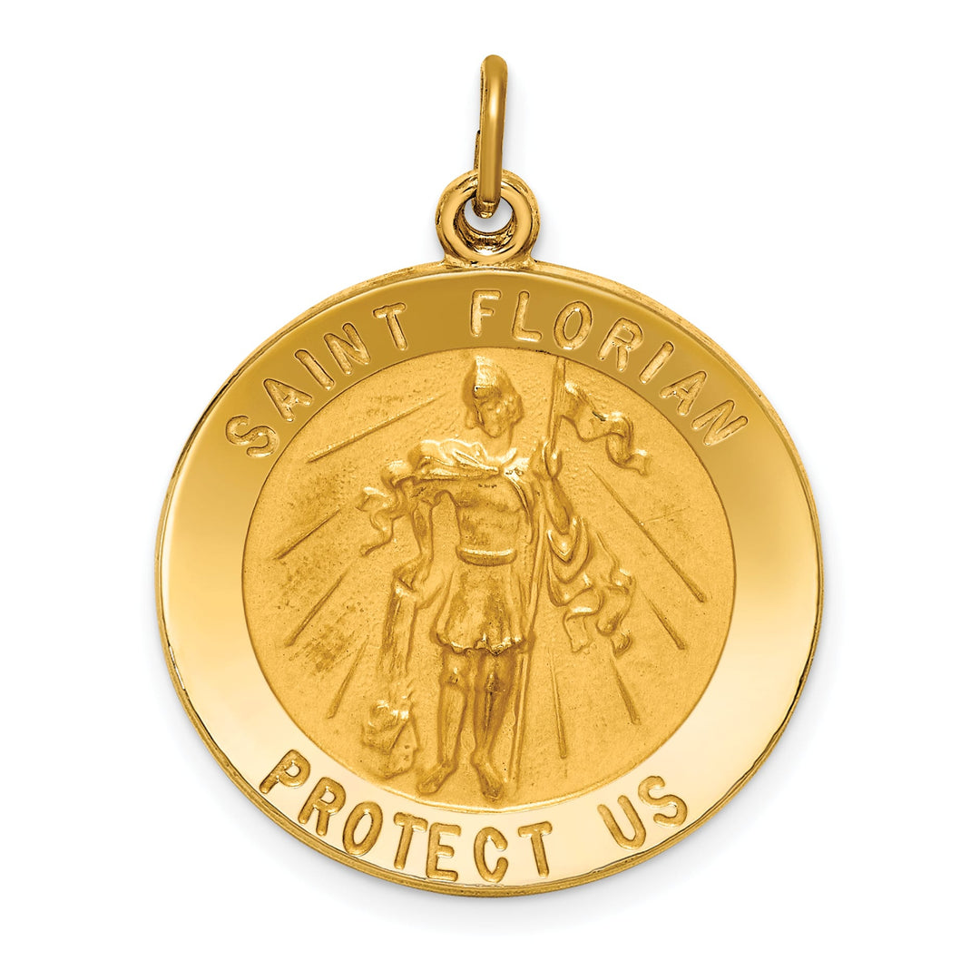 14K Yellow Gold Polished Satin Solid St Florian Medal Round Pendant