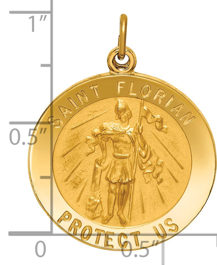 14K Yellow Gold Polished Satin Solid St Florian Medal Round Pendant