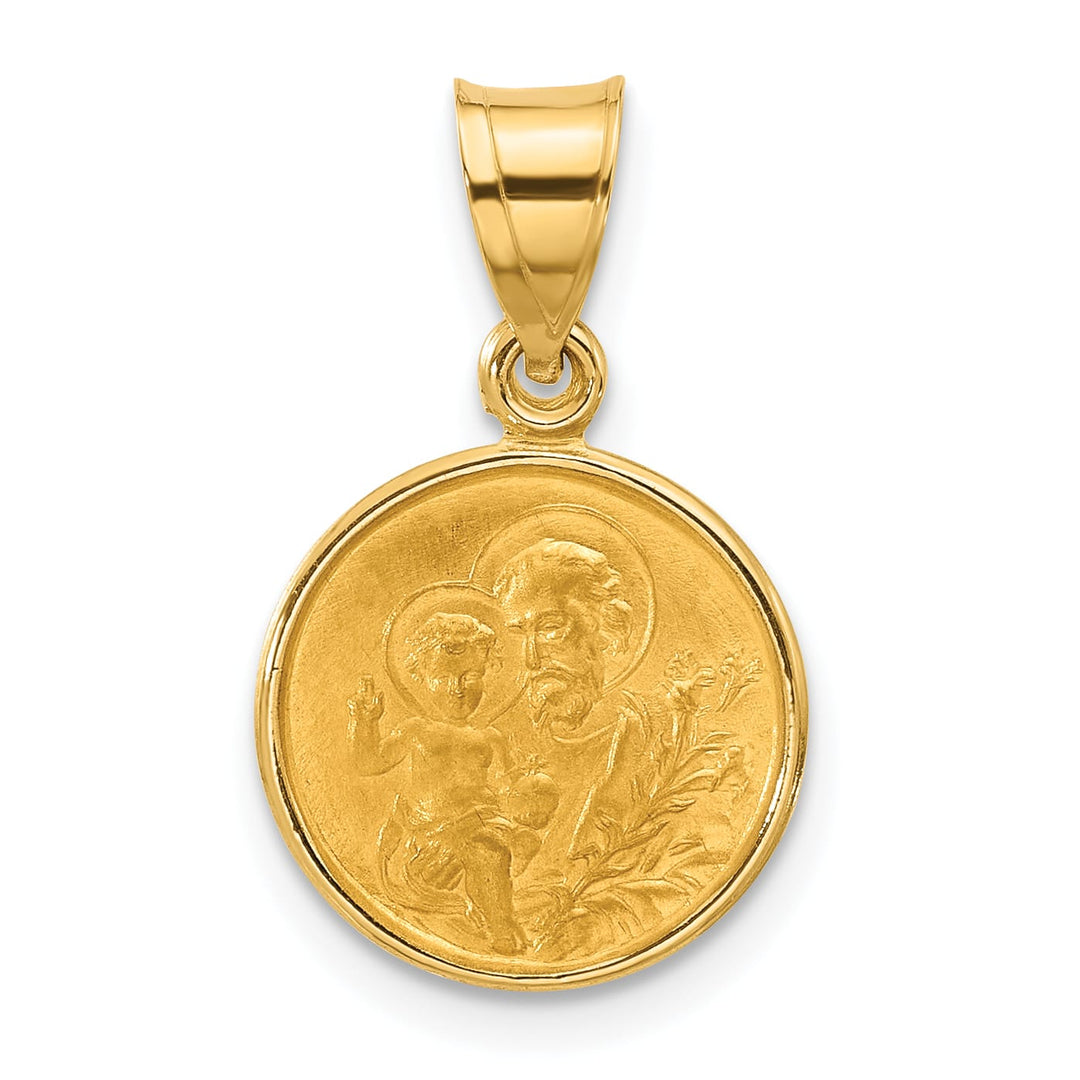 14K Yellow Gold Polished Satin Solid St Joseph Medal Round Pendant