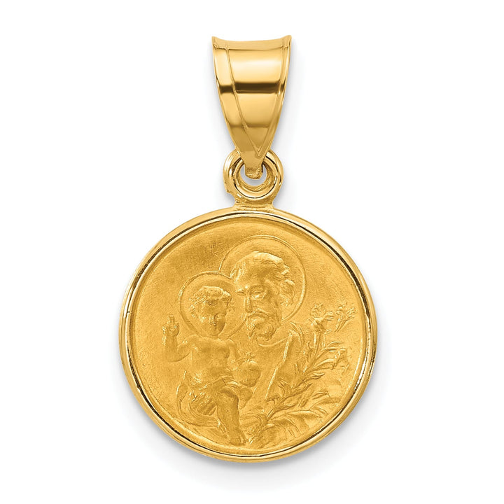 14K Yellow Gold Polished Satin Solid St Joseph Medal Round Pendant