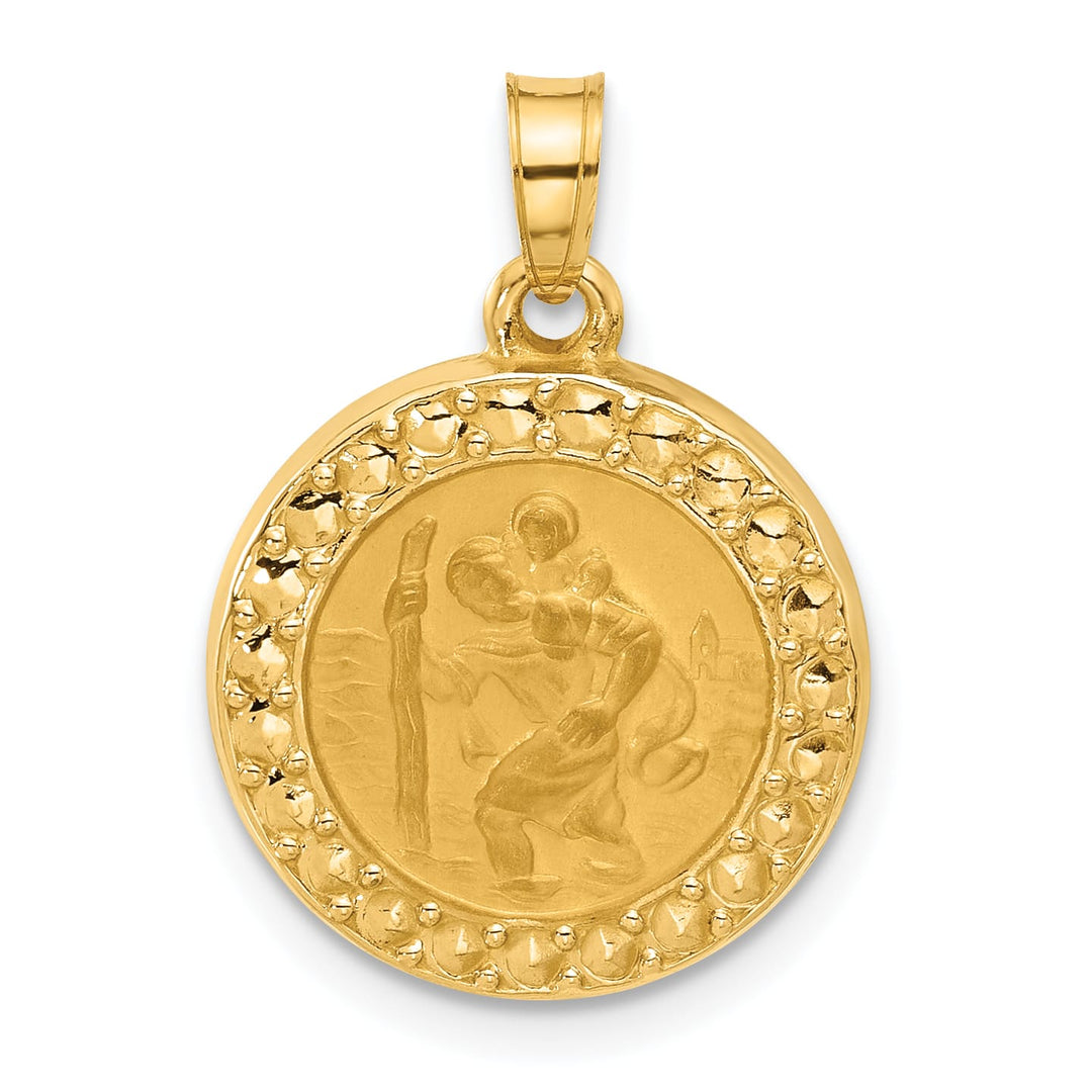 14K Yellow Gold Polished Satin St. Christopher Medal Round Pendant