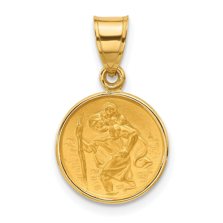 14K Yellow Gold Polished Satin St. Christopher Medal Round Pendant