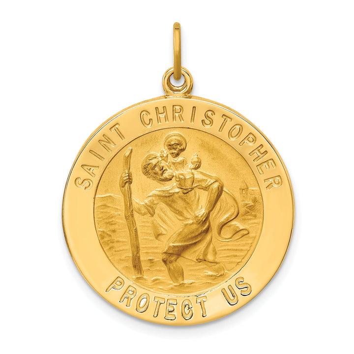 14K Yellow Gold Polished Satin St. Christopher Medal Round Pendant