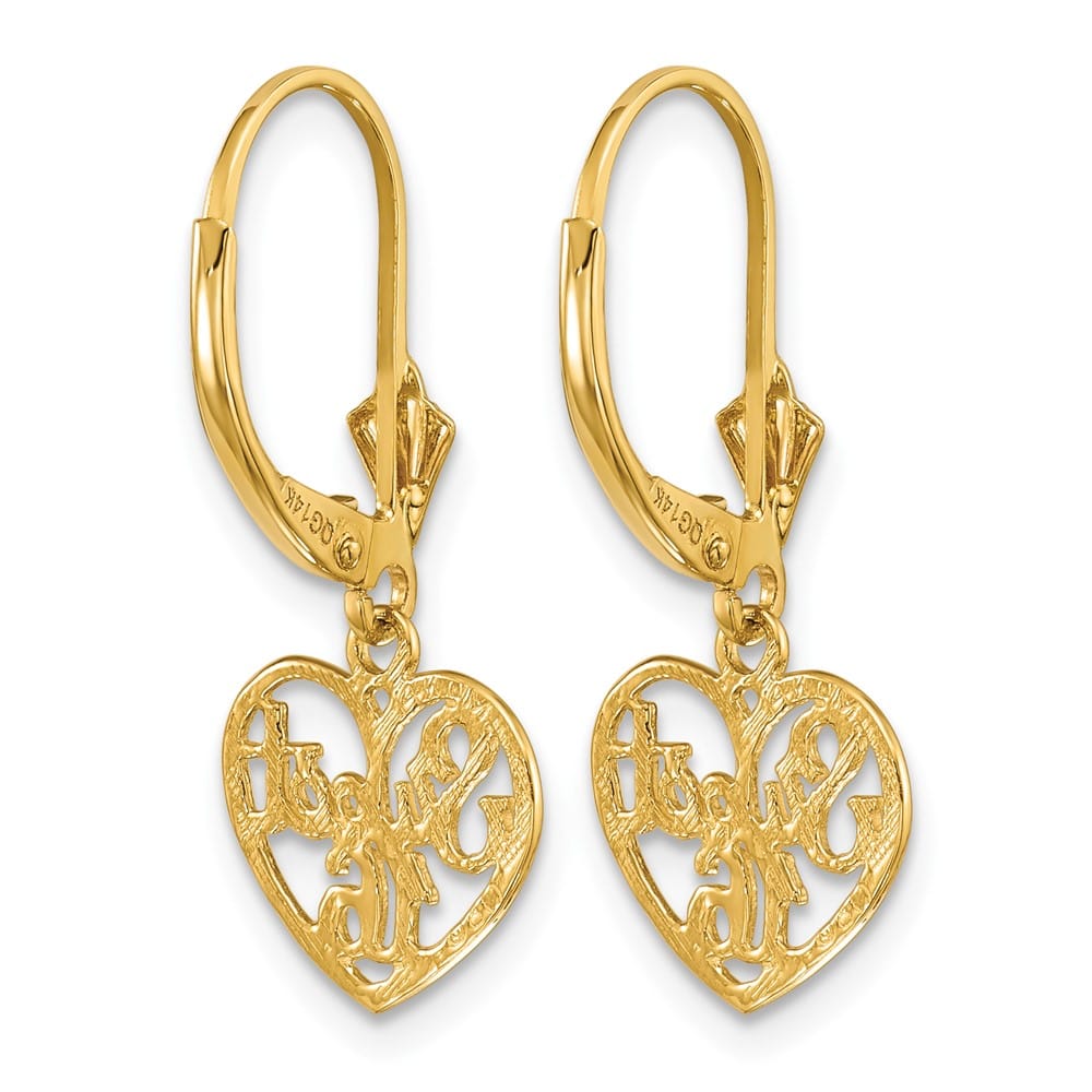 14K Yellow Gold Polished Sweet 16 in Heart Dangle Leverback Earrings, view 4 of 5