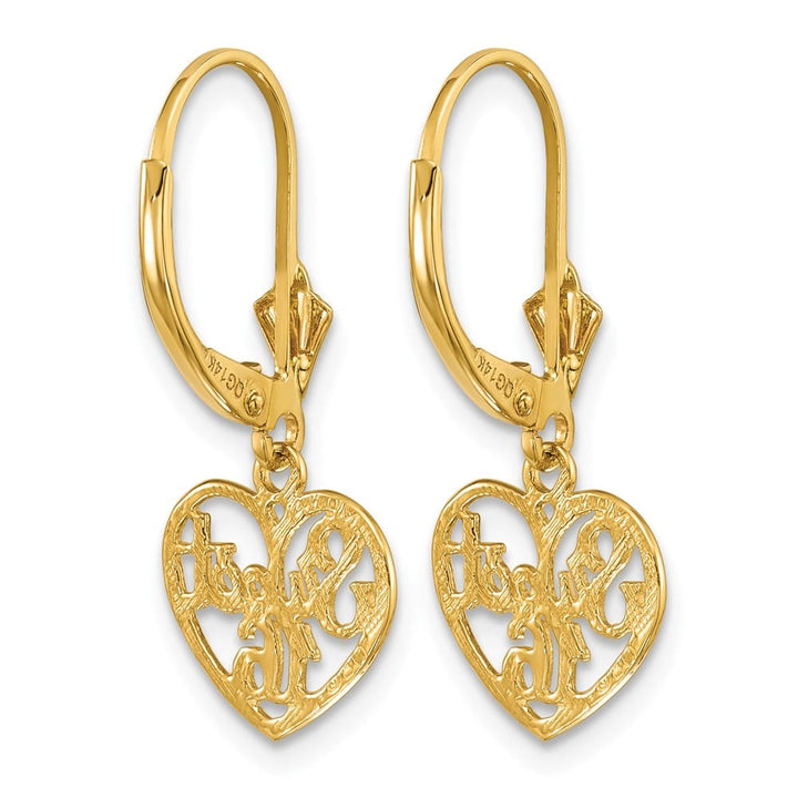 14K Yellow Gold Polished Sweet 16 in Heart Dangle Leverback Earrings, view 4 of 5