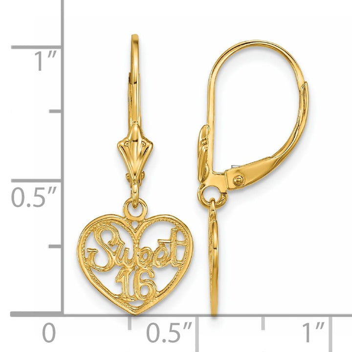 14K Yellow Gold Polished Sweet 16 in Heart Dangle Leverback Earrings, view 5 of 5