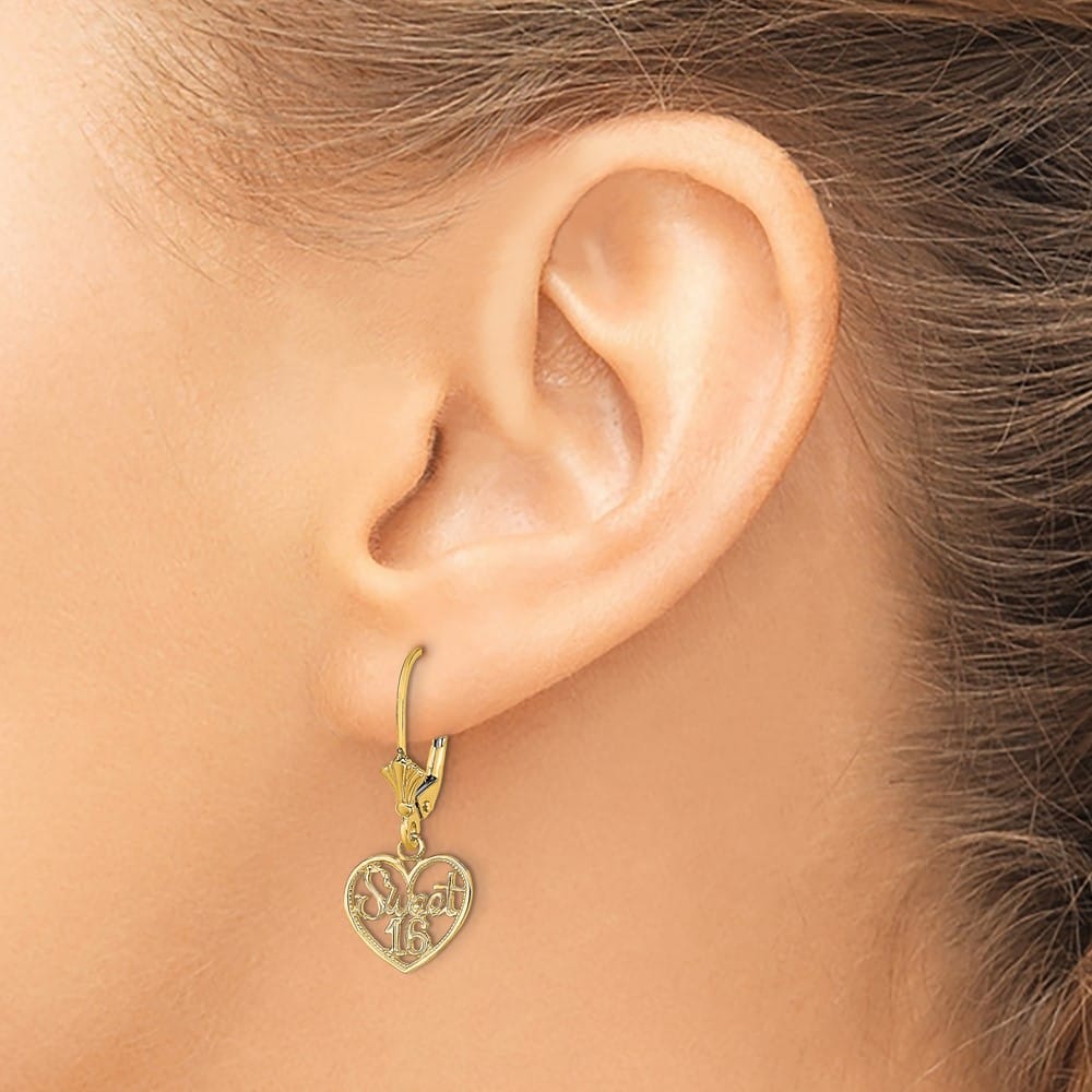 14K Yellow Gold Polished Sweet 16 in Heart Dangle Leverback Earrings, view 3 of 5