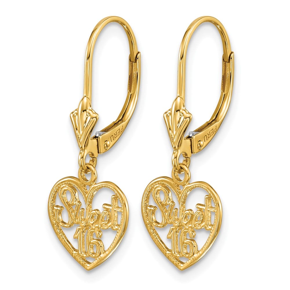 14K Yellow Gold Polished Sweet 16 in Heart Dangle Leverback Earrings, view 2 of 5
