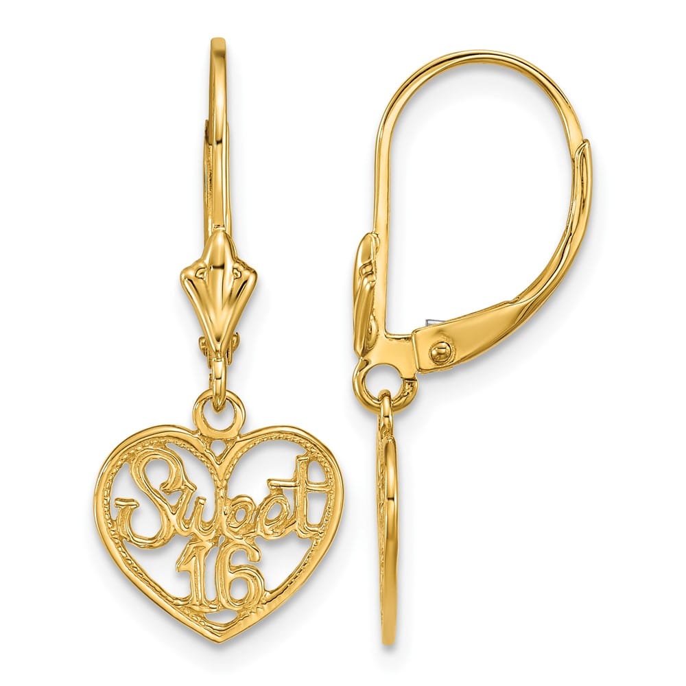 14K Yellow Gold Polished Sweet 16 in Heart Dangle Leverback Earrings, view 1 of 5