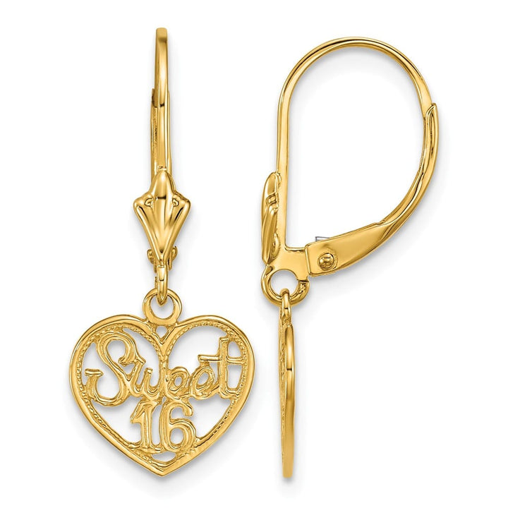 14K Yellow Gold Polished Sweet 16 in Heart Dangle Leverback Earrings, view 1 of 5