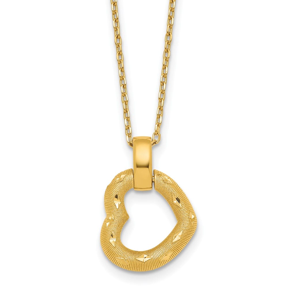 14K Yellow Gold Polished Textured and Fancy Heart 18.25 inch Necklace