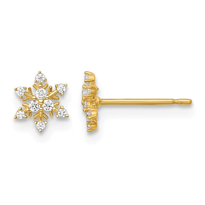 14K Yellow Gold Polished Tiny CZ Snowflake Post Earrings, view 1 of 3