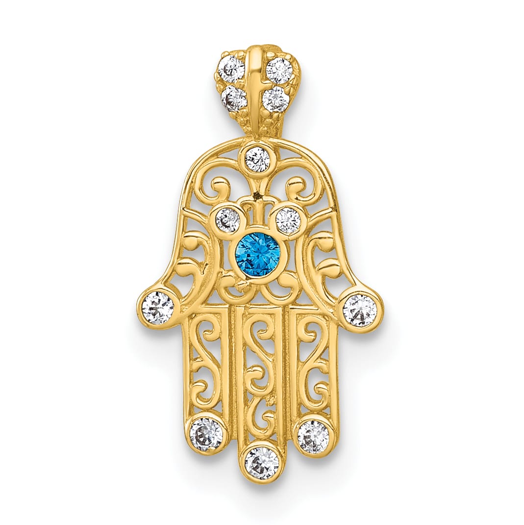 14K Yellow Gold Polished White and Blue CZ Hamsa Chain Slide Pendant
