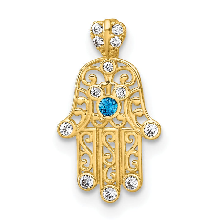 14K Yellow Gold Polished White and Blue CZ Hamsa Chain Slide Pendant