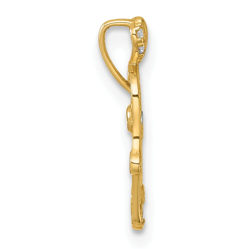 14K Yellow Gold Polished White and Blue CZ Hamsa Chain Slide Pendant