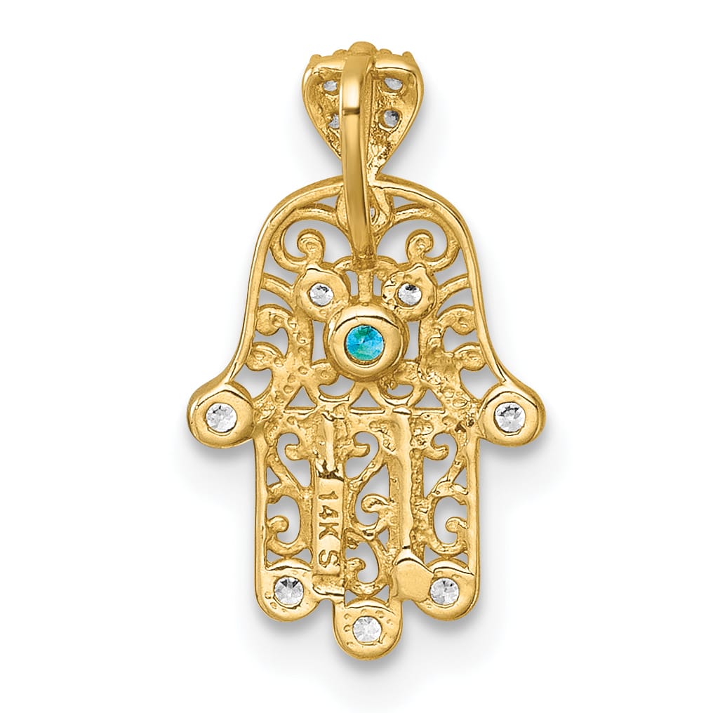 14K Yellow Gold Polished White and Blue CZ Hamsa Chain Slide Pendant