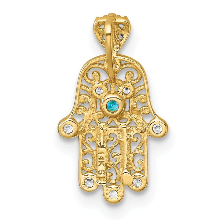 14K Yellow Gold Polished White and Blue CZ Hamsa Chain Slide Pendant