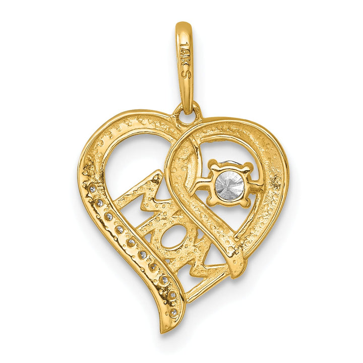 14K Yellow Gold Polished White CZ MOM Open Heart Charm