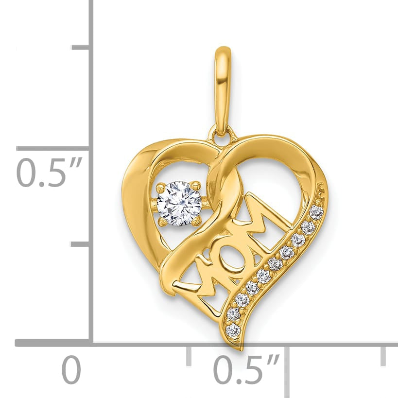 14K Yellow Gold Polished White CZ MOM Open Heart Charm