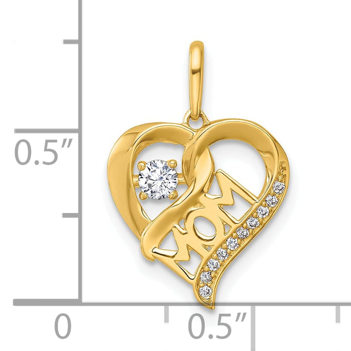 14K Yellow Gold Polished White CZ MOM Open Heart Charm