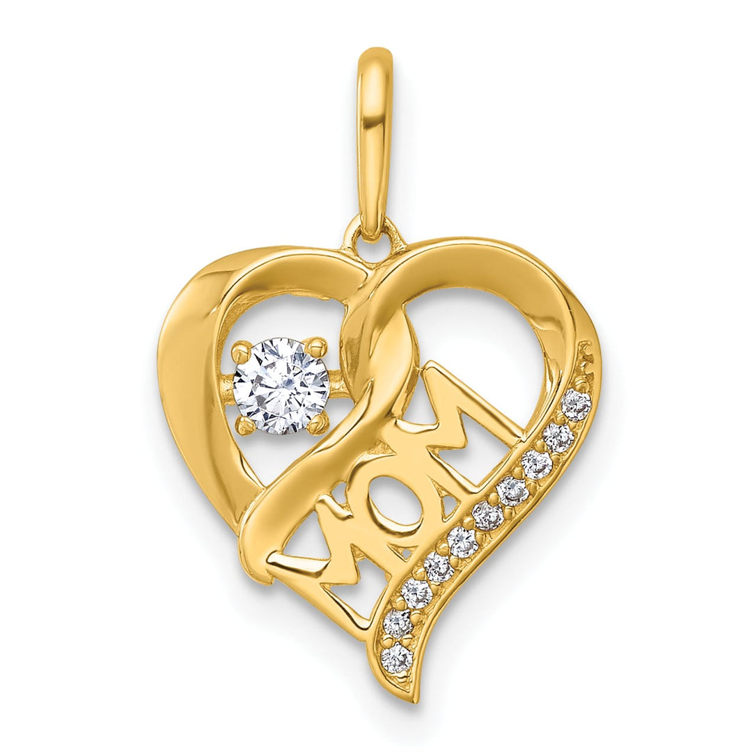 14K Yellow Gold Polished White CZ MOM Open Heart Charm