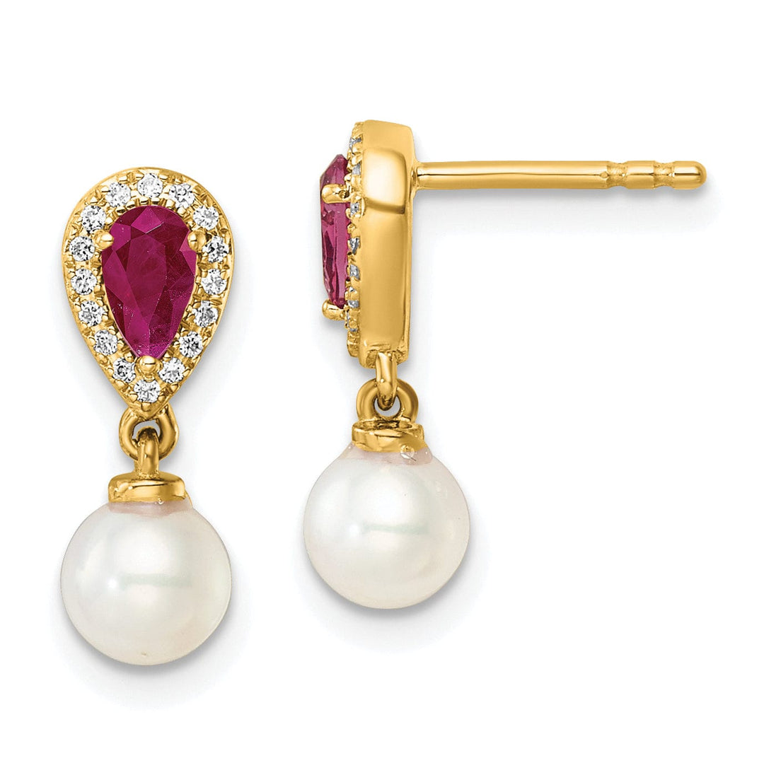 14K Yellow Gold Premium 7mm Freshwater Pearl Diamond Ruby Dangle Studs