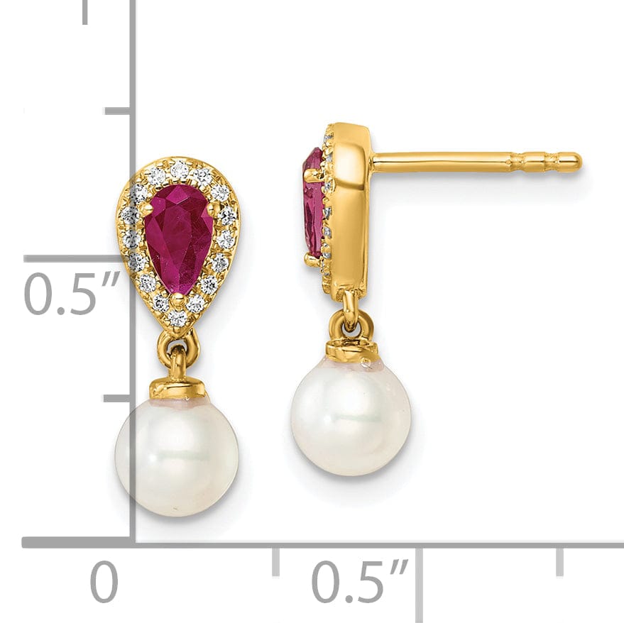 14K Yellow Gold Premium 7mm Freshwater Pearl Diamond Ruby Dangle Studs