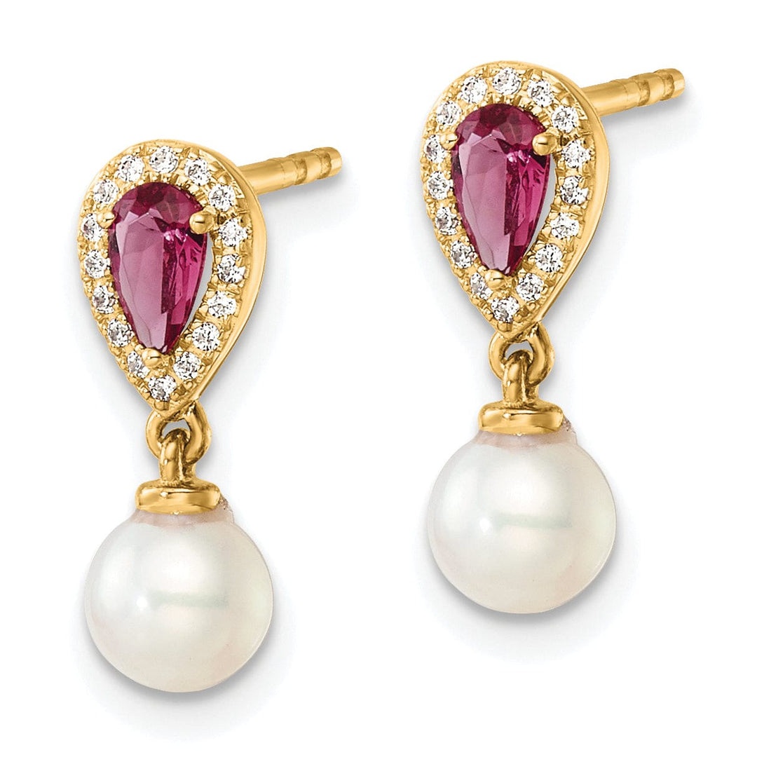 14K Yellow Gold Premium 7mm Freshwater Pearl Diamond Ruby Dangle Studs