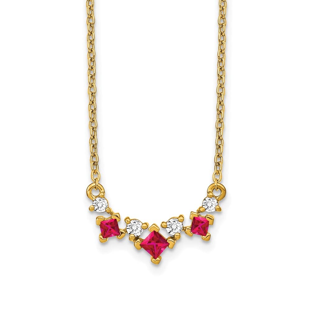 14K Yellow Gold Princess Ruby and Diamond 18 Inch Necklace