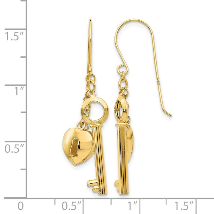 14K Yellow Gold Puffed Heart Lock and Key French Hook Earrings, view 4 of 4