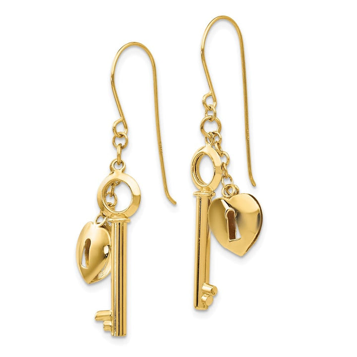 14K Yellow Gold Puffed Heart Lock and Key French Hook Earrings, view 2 of 4