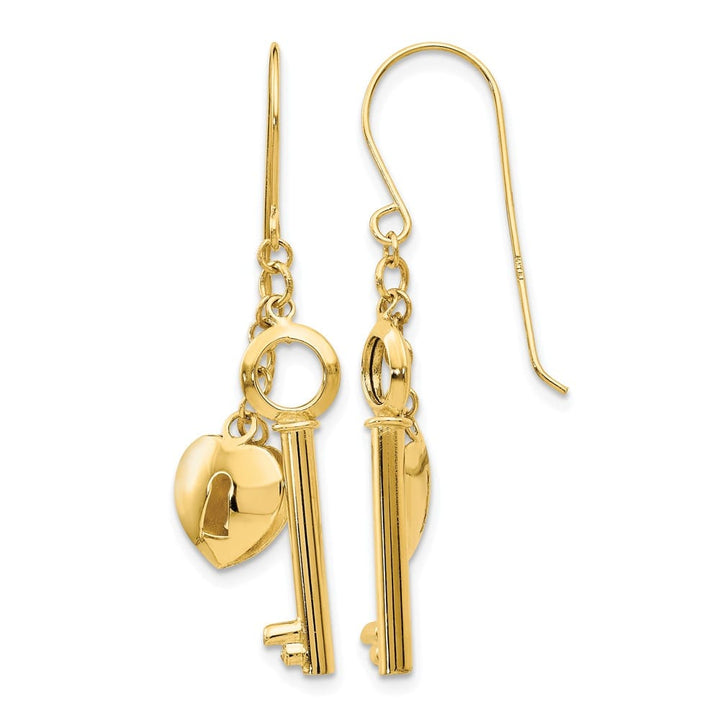 14K Yellow Gold Puffed Heart Lock and Key French Hook Earrings, view 1 of 4
