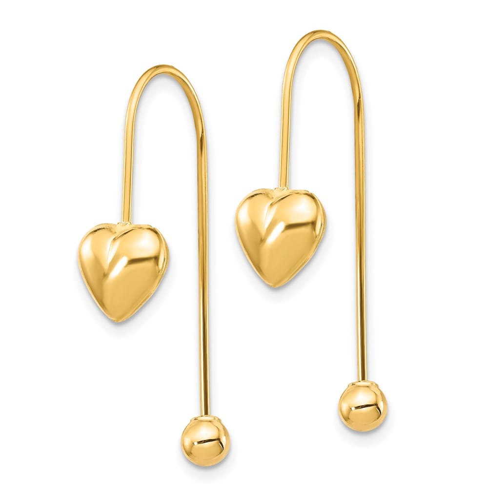 14K Yellow Gold Puffed Heart with Screw-on Bead Threader Earrings, view 2 of 5