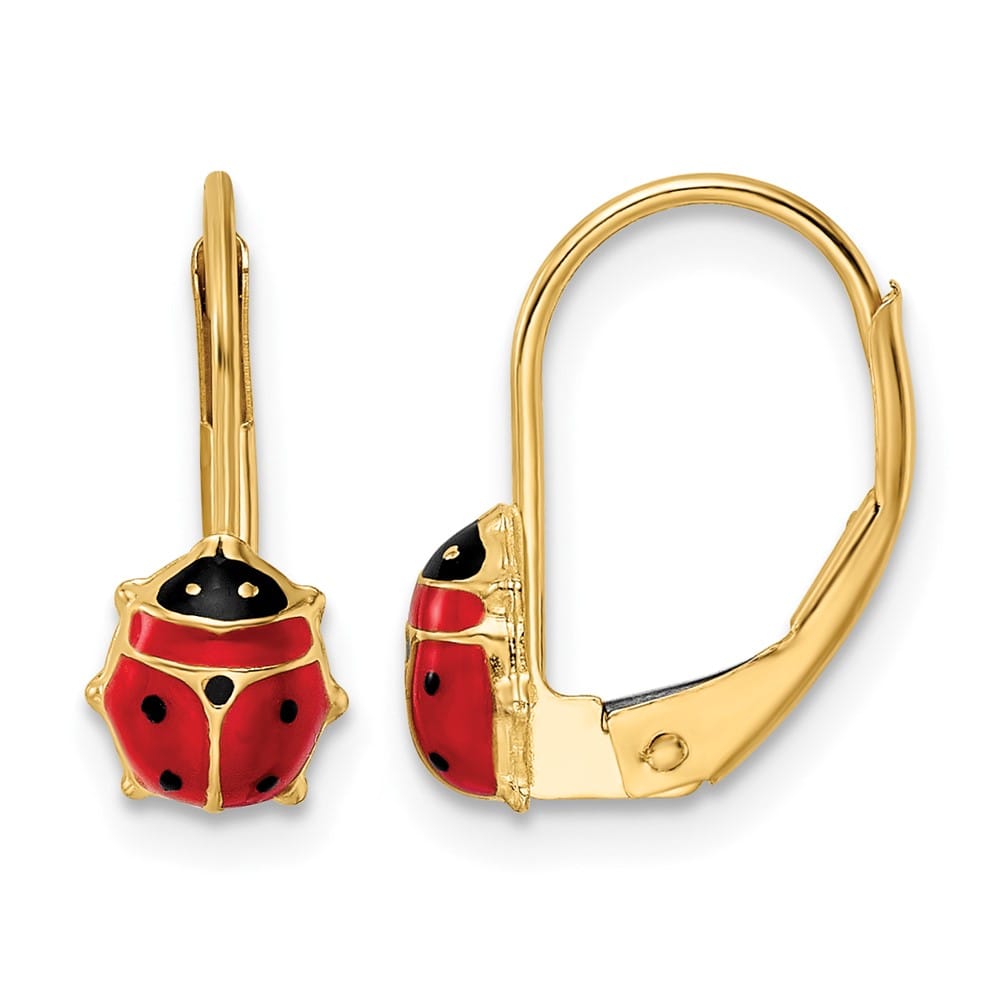 14K Yellow Gold Red and Black Enameled Ladybug Leverback Earrings, view 1 of 4