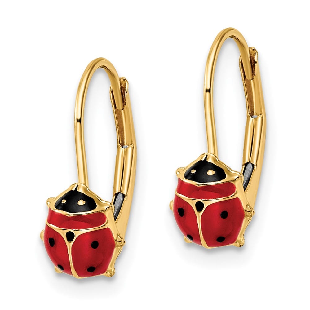 14K Yellow Gold Red and Black Enameled Ladybug Leverback Earrings, view 2 of 4