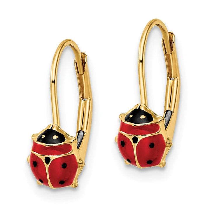 14K Yellow Gold Red and Black Enameled Ladybug Leverback Earrings, view 2 of 4