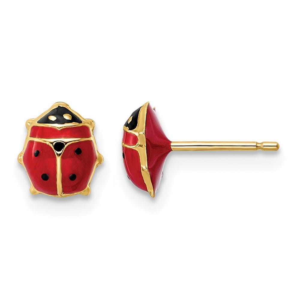 14K Yellow Gold Red and Black Enameled Medium Ladybug Post Earrings, view 1 of 4