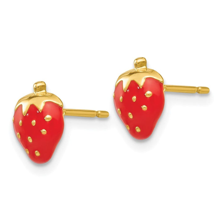 14K Yellow Gold Red Enameled Strawberry Post Earrings, view 2 of 4