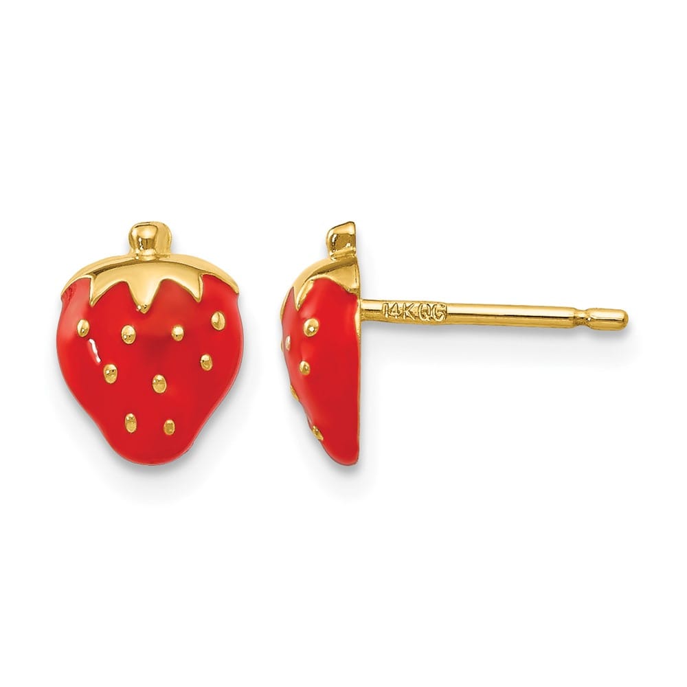 14K Yellow Gold Red Enameled Strawberry Post Earrings, view 1 of 4
