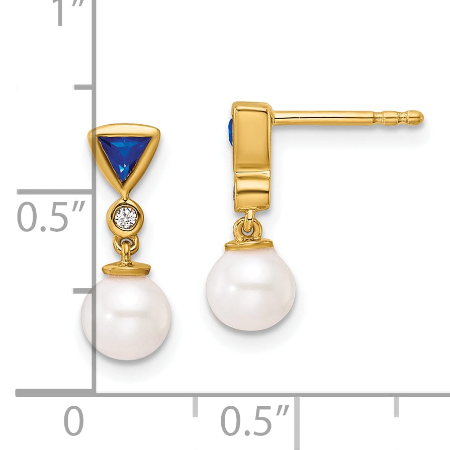 14K Yellow Gold Refined 7mm Pearl Diamond Sapphire Dangles