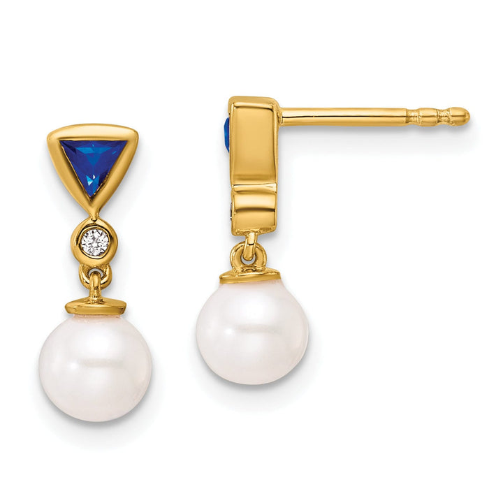14K Yellow Gold Refined 7mm Pearl Diamond Sapphire Dangles