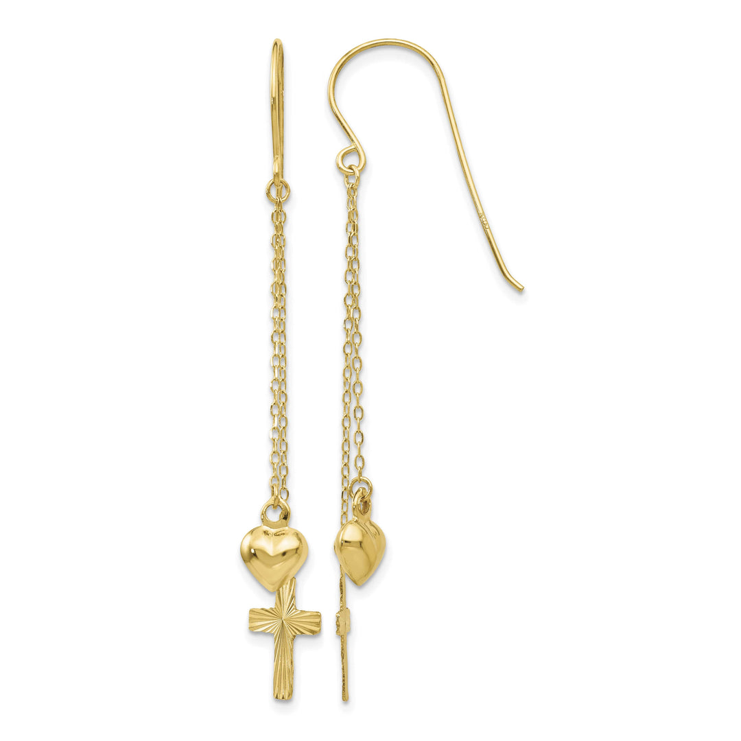 14K Yellow Gold Ropa Chain Heart and D.C. Cross French Hook Earrings