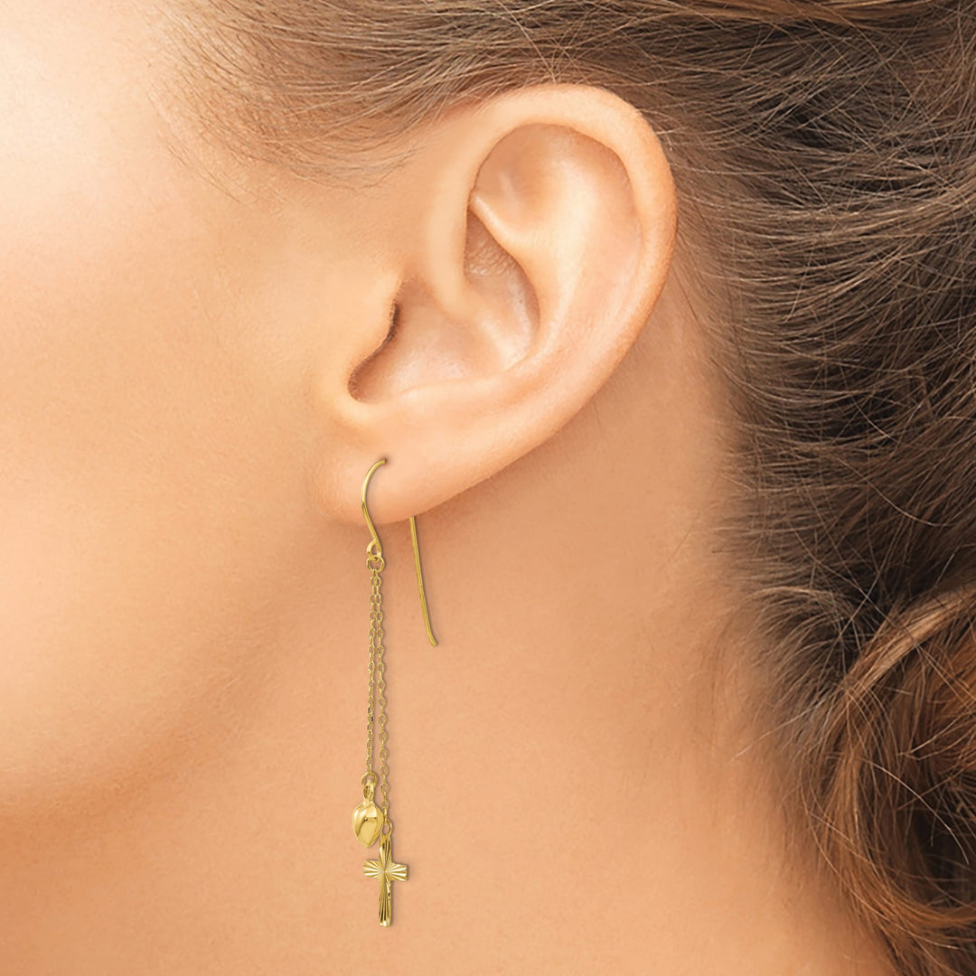 14K Yellow Gold Ropa Chain Heart and D.C. Cross French Hook Earrings